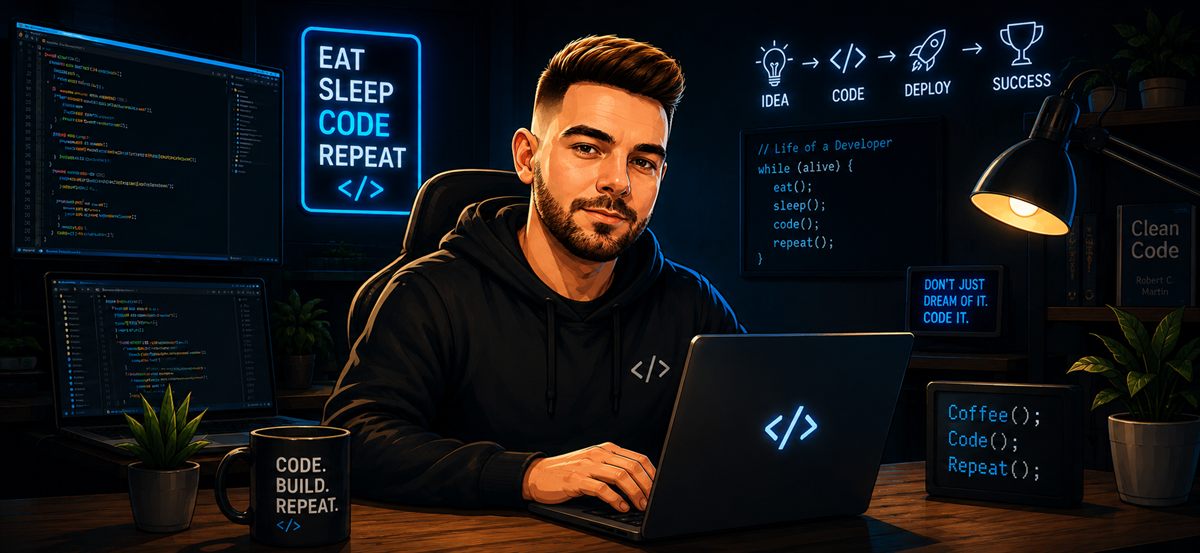 Ilustracija: Ahmed za radnim stolom, radi na laptopu